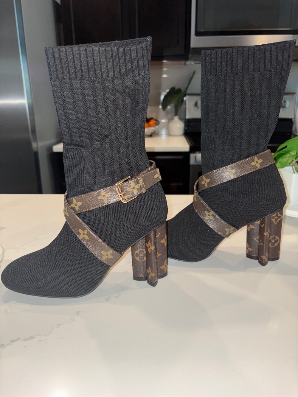 Louis Vuitton Black Knit Sock Heeled Boots  (runs small)
